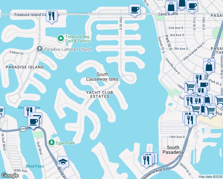 map of restaurants, bars, coffee shops, grocery stores, and more near 908 79th Street South in St. Petersburg