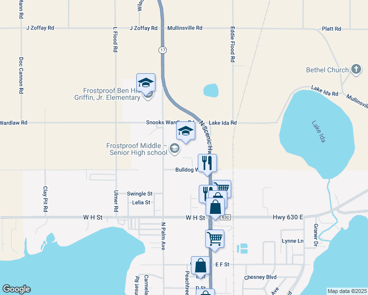 map of restaurants, bars, coffee shops, grocery stores, and more near 1000 North Palm Avenue in Frostproof