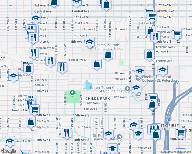 map of restaurants, bars, coffee shops, grocery stores, and more near 4101 10th Avenue South in St. Petersburg