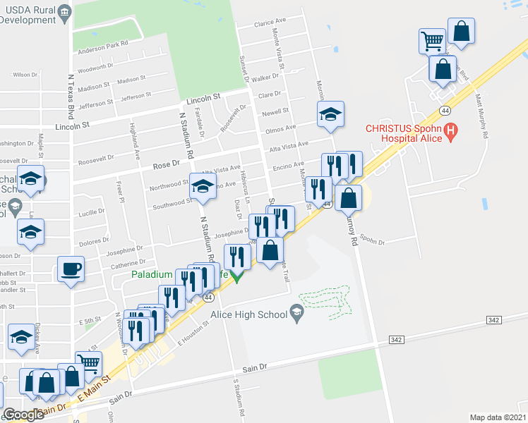 map of restaurants, bars, coffee shops, grocery stores, and more near 1460 Hibiscus Lane in Alice