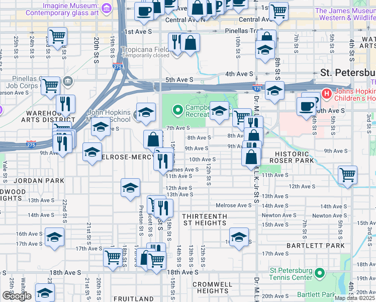 map of restaurants, bars, coffee shops, grocery stores, and more near 1330 9th Avenue South in St. Petersburg