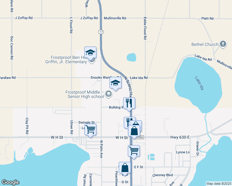 map of restaurants, bars, coffee shops, grocery stores, and more near 1000 North Palm Avenue in Frostproof