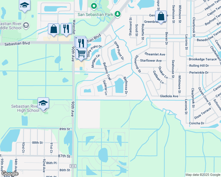 map of restaurants, bars, coffee shops, grocery stores, and more near 212 Bellamy Trail in Sebastian