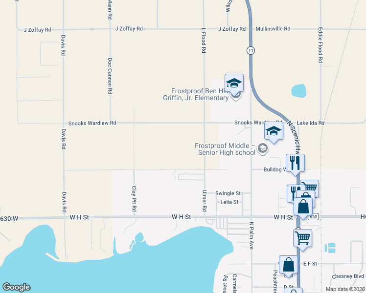 map of restaurants, bars, coffee shops, grocery stores, and more near 981 Ulmer Road in Frostproof