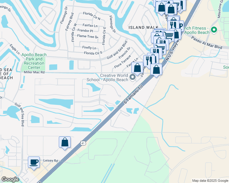 map of restaurants, bars, coffee shops, grocery stores, and more near 118 Silver Falls Drive in Apollo Beach