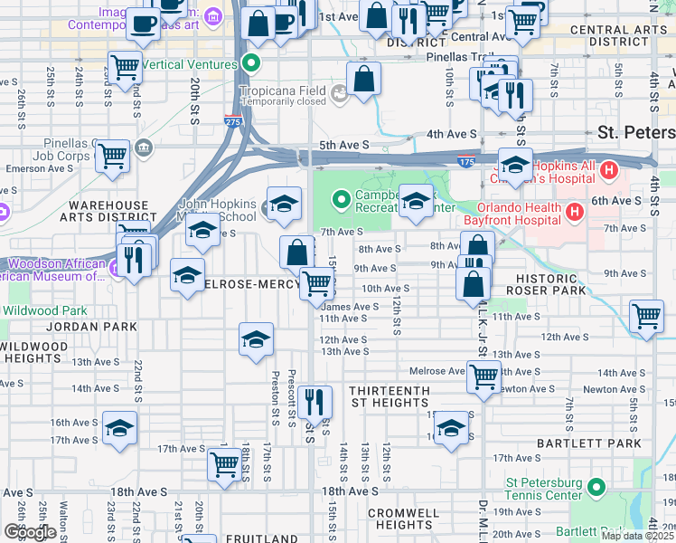 map of restaurants, bars, coffee shops, grocery stores, and more near 805 14th Street South in St. Petersburg