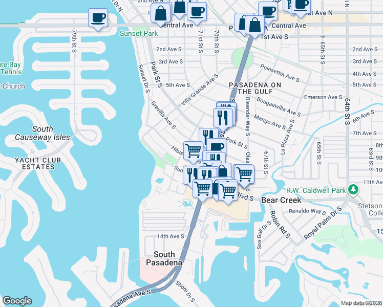 map of restaurants, bars, coffee shops, grocery stores, and more near 7018 Grevilla Avenue South in South Pasadena