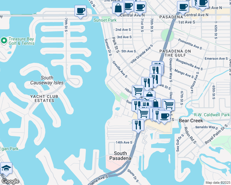 map of restaurants, bars, coffee shops, grocery stores, and more near 7042 Hibiscus Avenue South in South Pasadena