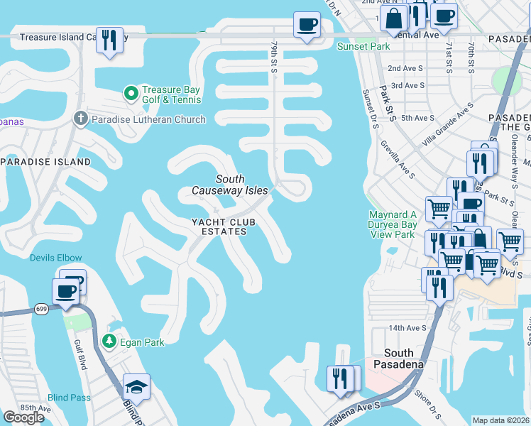 map of restaurants, bars, coffee shops, grocery stores, and more near 800 79th Street South in St. Petersburg