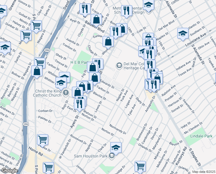 map of restaurants, bars, coffee shops, grocery stores, and more near 127 Edwards Street in Corpus Christi