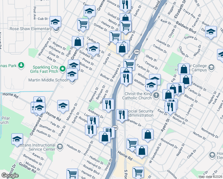 map of restaurants, bars, coffee shops, grocery stores, and more near 2134 Belton Street in Corpus Christi