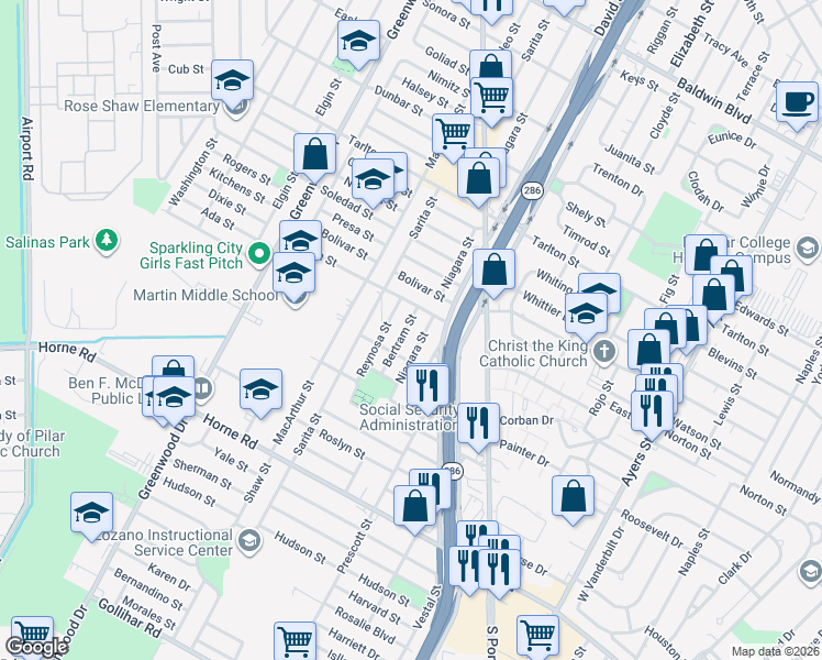 map of restaurants, bars, coffee shops, grocery stores, and more near 3706 Reynosa Street in Corpus Christi