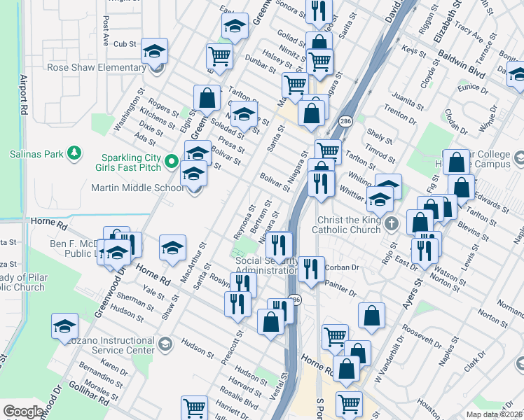 map of restaurants, bars, coffee shops, grocery stores, and more near 3706 Reynosa Street in Corpus Christi
