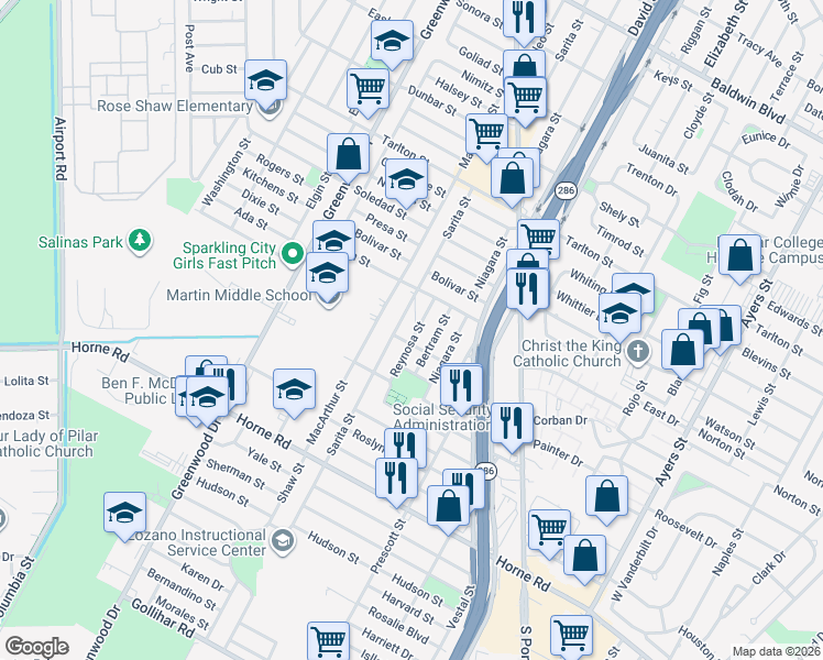 map of restaurants, bars, coffee shops, grocery stores, and more near 3725 Sarita Street in Corpus Christi