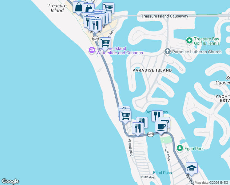 map of restaurants, bars, coffee shops, grocery stores, and more near 10133 Gulf Boulevard in Treasure Island