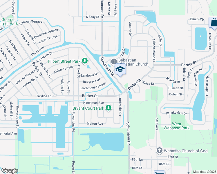 map of restaurants, bars, coffee shops, grocery stores, and more near 1366 Schumann Drive in Sebastian