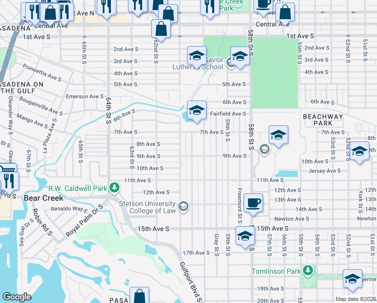 map of restaurants, bars, coffee shops, grocery stores, and more near 725 Hull Street South in Gulfport