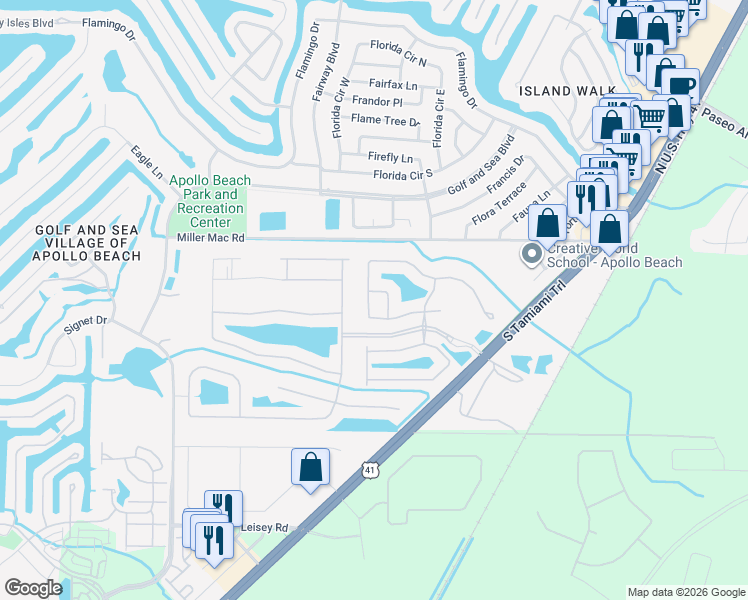 map of restaurants, bars, coffee shops, grocery stores, and more near 304 Silver Falls Drive in Apollo Beach