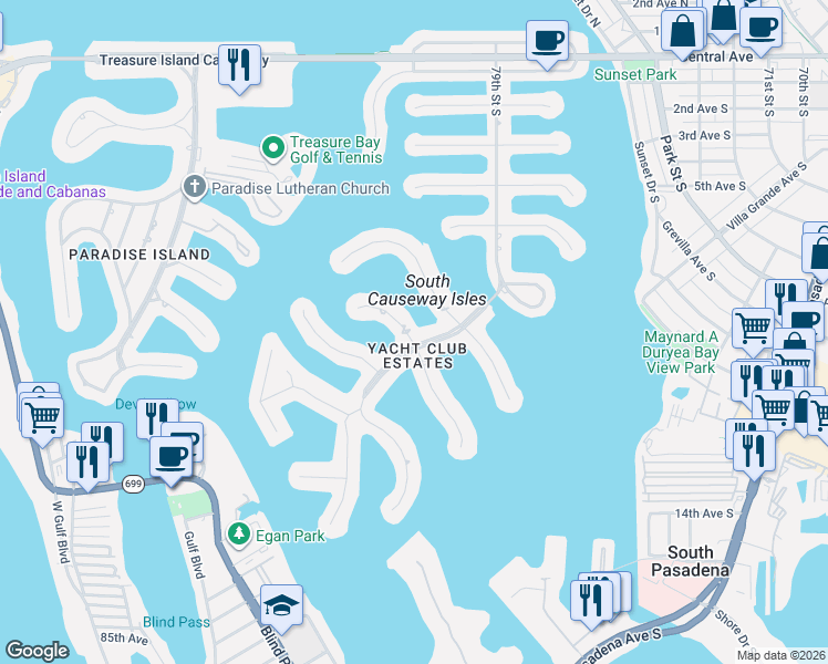 map of restaurants, bars, coffee shops, grocery stores, and more near 7901 10th Avenue South in St. Petersburg