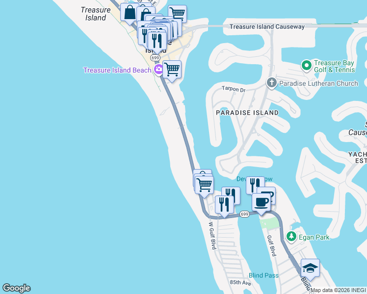 map of restaurants, bars, coffee shops, grocery stores, and more near 10116 Gulf Boulevard in Treasure Island