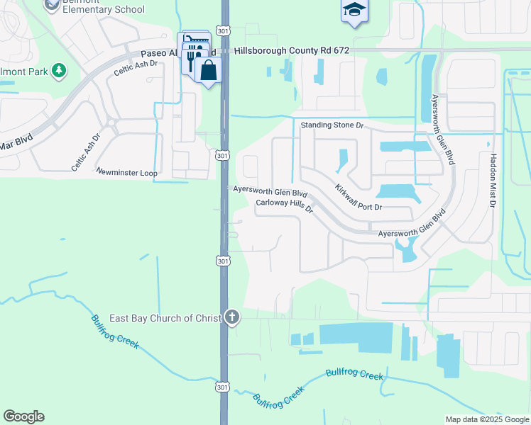 map of restaurants, bars, coffee shops, grocery stores, and more near 10721 Carloway Hills Drive in Wimauma