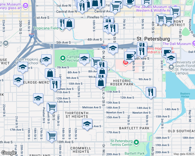 map of restaurants, bars, coffee shops, grocery stores, and more near 811 Doctor Martin Luther King Junior Street South in St. Petersburg