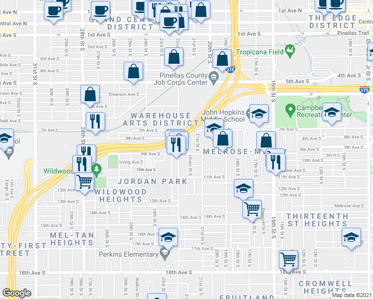 map of restaurants, bars, coffee shops, grocery stores, and more near 751 Union Street South in St. Petersburg
