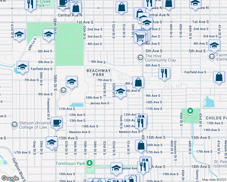 map of restaurants, bars, coffee shops, grocery stores, and more near 5200 8th Avenue South in Gulfport