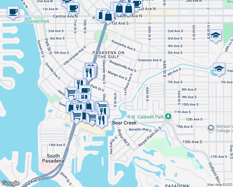 map of restaurants, bars, coffee shops, grocery stores, and more near 6691 Park Street South in South Pasadena