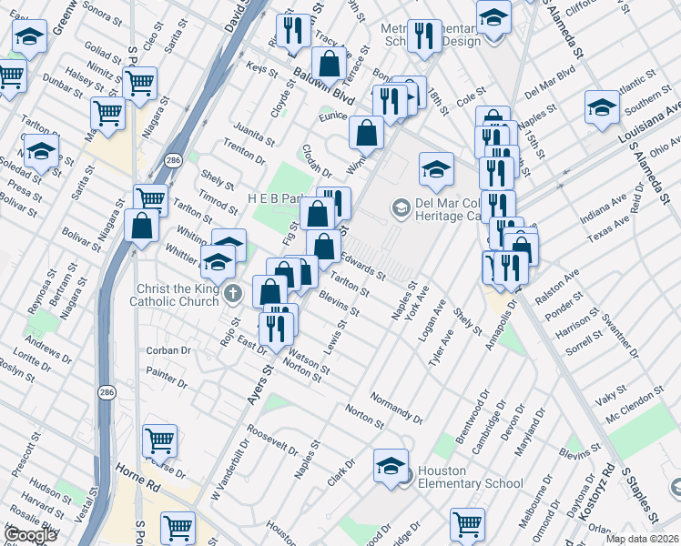 map of restaurants, bars, coffee shops, grocery stores, and more near 127 Edwards Street in Corpus Christi
