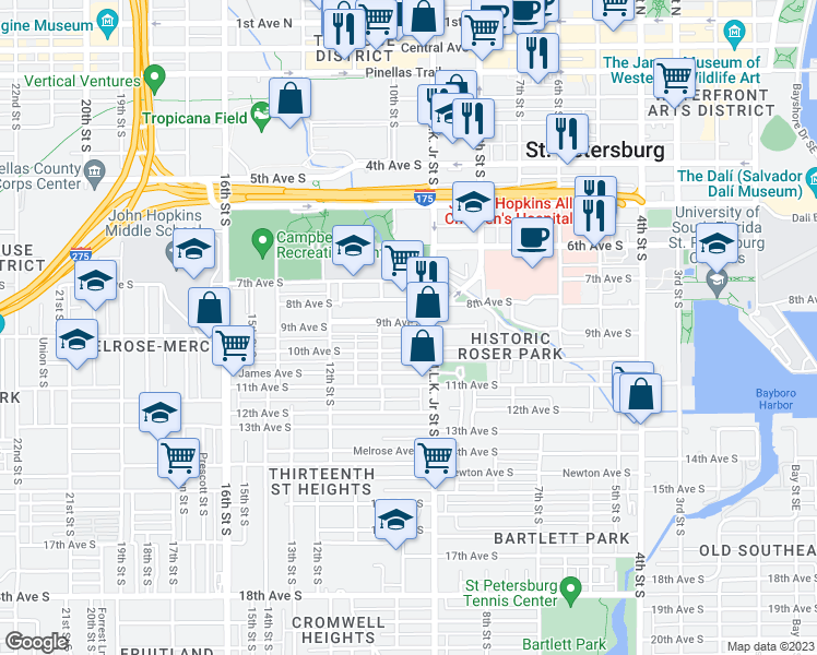 map of restaurants, bars, coffee shops, grocery stores, and more near 928 9th Avenue South in Saint Petersburg
