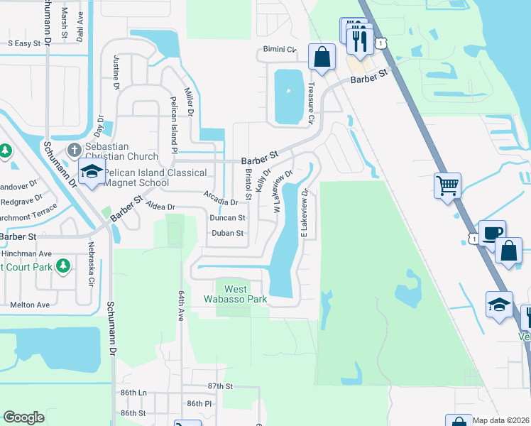 map of restaurants, bars, coffee shops, grocery stores, and more near 2425 Wee Folks Circle in Sebastian