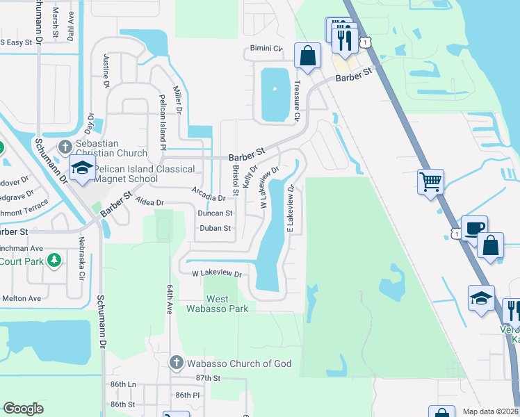 map of restaurants, bars, coffee shops, grocery stores, and more near 2425 Wee Folks Circle in Sebastian
