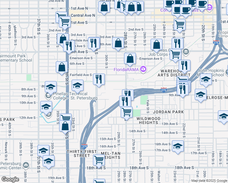 map of restaurants, bars, coffee shops, grocery stores, and more near 855 28th Street South in Saint Petersburg