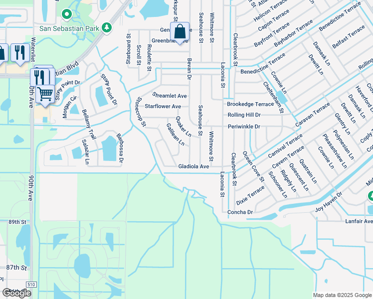 map of restaurants, bars, coffee shops, grocery stores, and more near 1614 Coral Reef Street in Sebastian