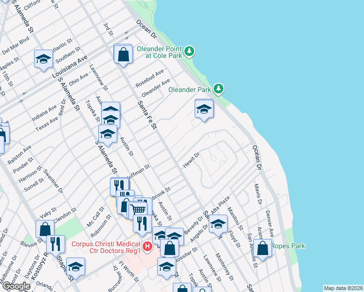 map of restaurants, bars, coffee shops, grocery stores, and more near 3100 Santa Fe Street in Corpus Christi