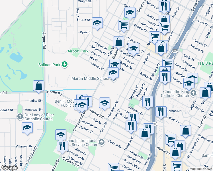map of restaurants, bars, coffee shops, grocery stores, and more near 3502 Greenwood Drive in Corpus Christi