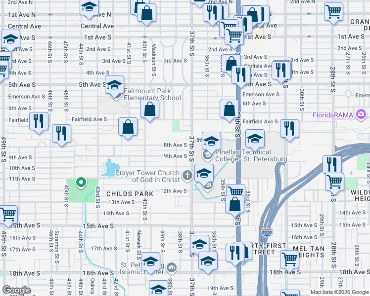 map of restaurants, bars, coffee shops, grocery stores, and more near 3761 8th Avenue South in St. Petersburg