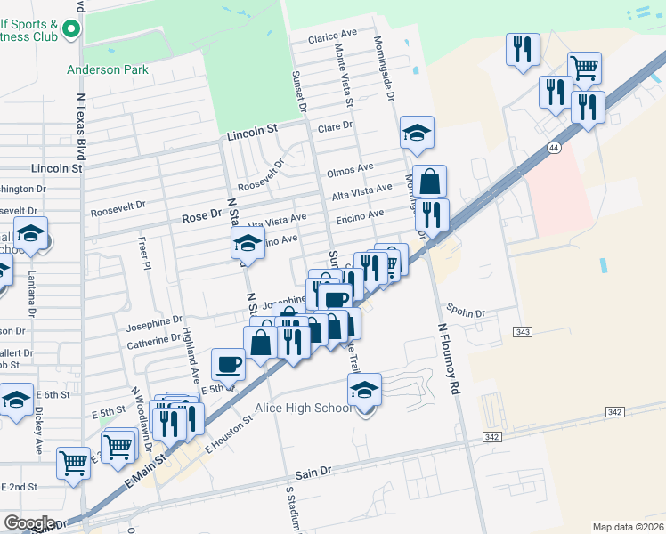 map of restaurants, bars, coffee shops, grocery stores, and more near 1805 Cenesia Avenue in Alice