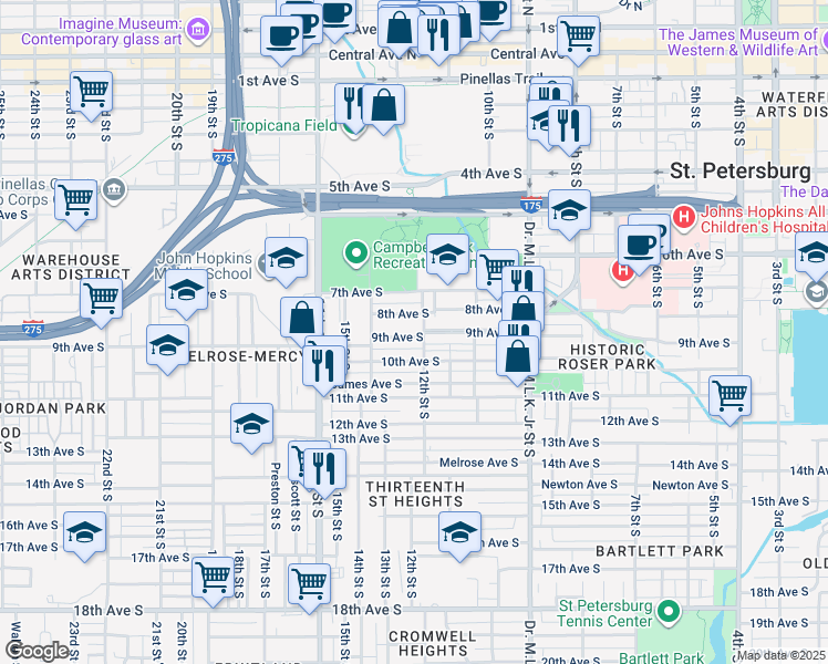 map of restaurants, bars, coffee shops, grocery stores, and more near 1234 8th Avenue South in St. Petersburg