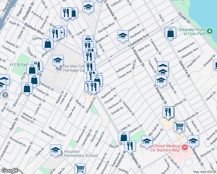 map of restaurants, bars, coffee shops, grocery stores, and more near 746 Texas Avenue in Corpus Christi