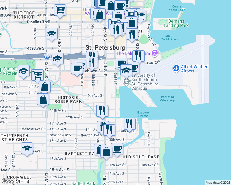 map of restaurants, bars, coffee shops, grocery stores, and more near 3rd Street South in Saint Petersburg