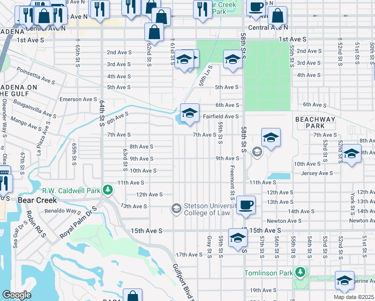 map of restaurants, bars, coffee shops, grocery stores, and more near 806 Hull Street South in Gulfport