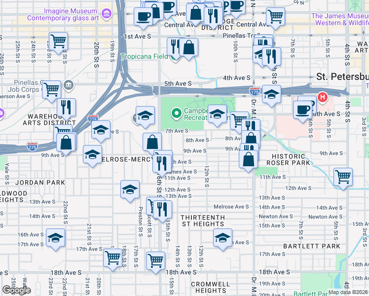 map of restaurants, bars, coffee shops, grocery stores, and more near 805 14th Street South in St. Petersburg
