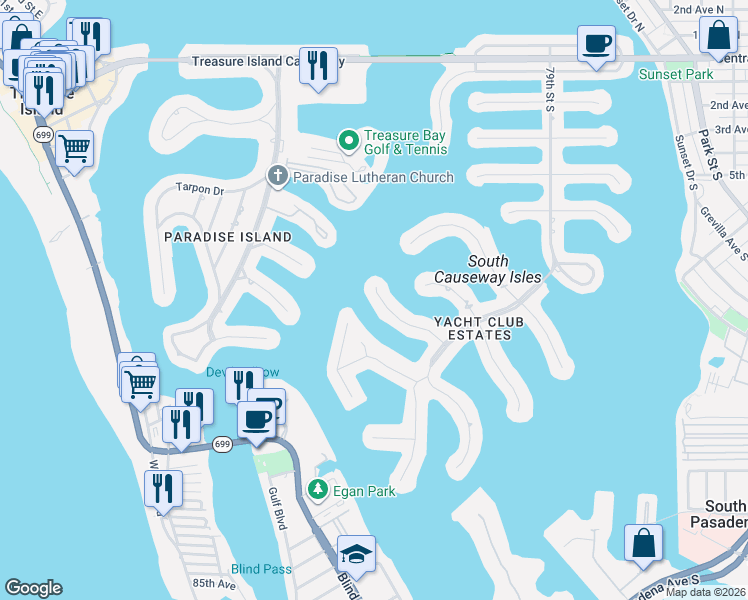 map of restaurants, bars, coffee shops, grocery stores, and more near 7990 11th Avenue South in St. Petersburg