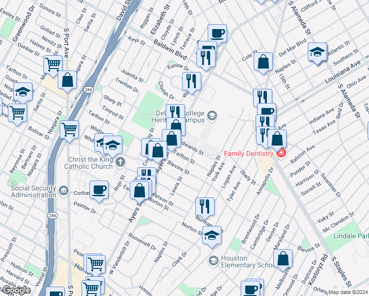 map of restaurants, bars, coffee shops, grocery stores, and more near 127 Edwards Street in Corpus Christi