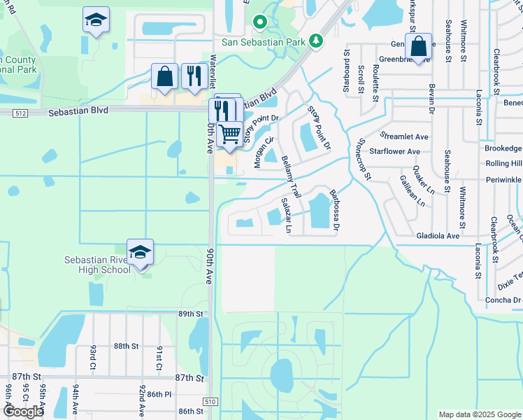 map of restaurants, bars, coffee shops, grocery stores, and more near 101 Elena Drive in Sebastian