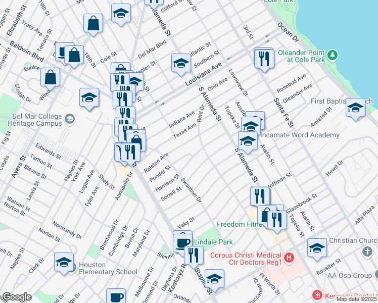 map of restaurants, bars, coffee shops, grocery stores, and more near 704 Ponder Street in Corpus Christi