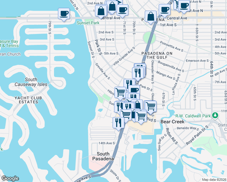 map of restaurants, bars, coffee shops, grocery stores, and more near 7001 Hibiscus Ave S in South Pasadena