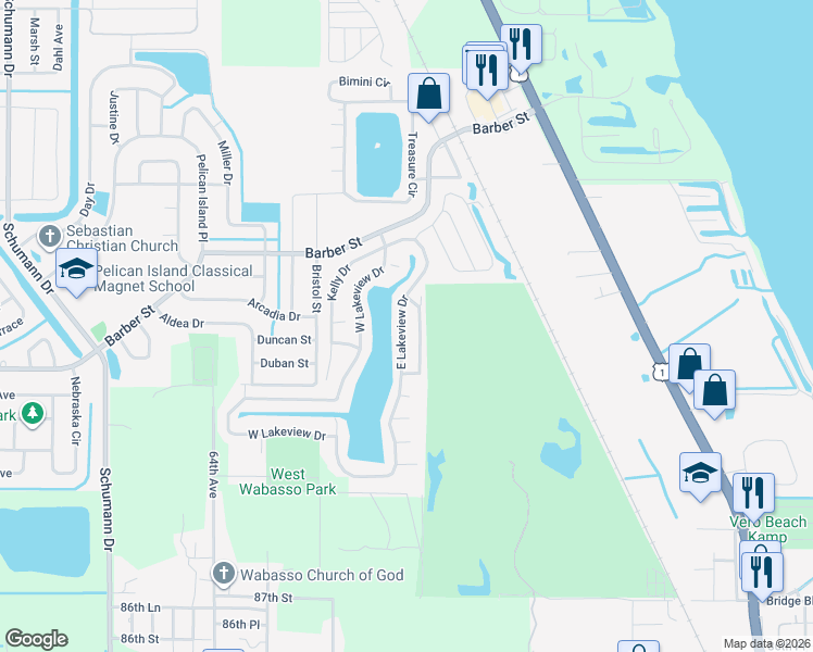 map of restaurants, bars, coffee shops, grocery stores, and more near Brigadoon Dr in Sebastian